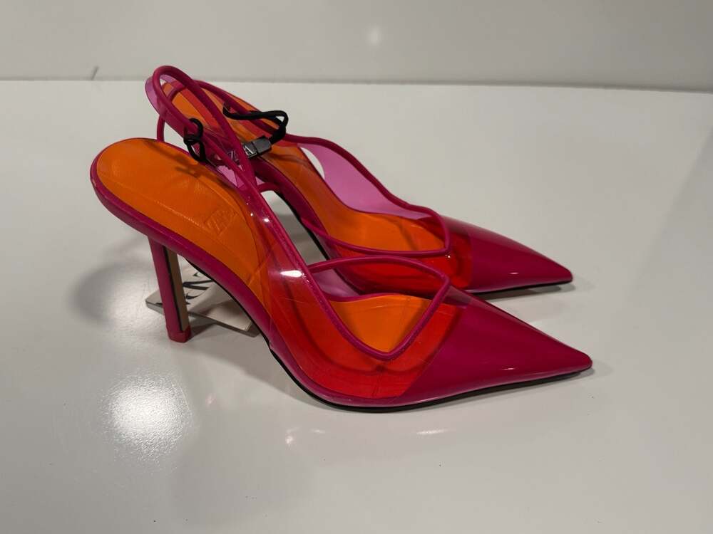 Zara Pointed Toe Vinyl Slingback Stiletto Heels in Pink and Orange Sz36